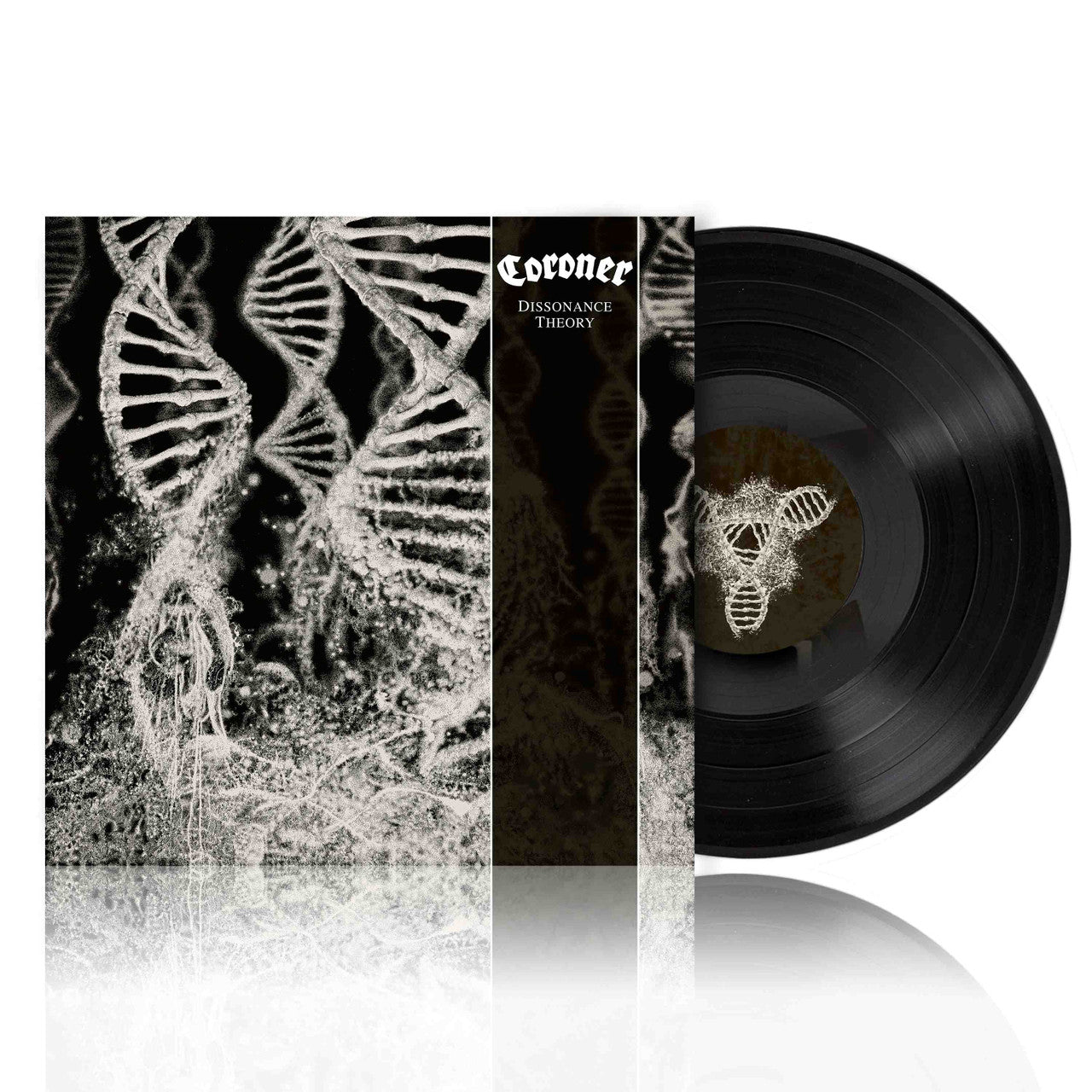 Coroner - Dissonance Theory Vinyl record with cover featuring a DNA double helix design on a white background