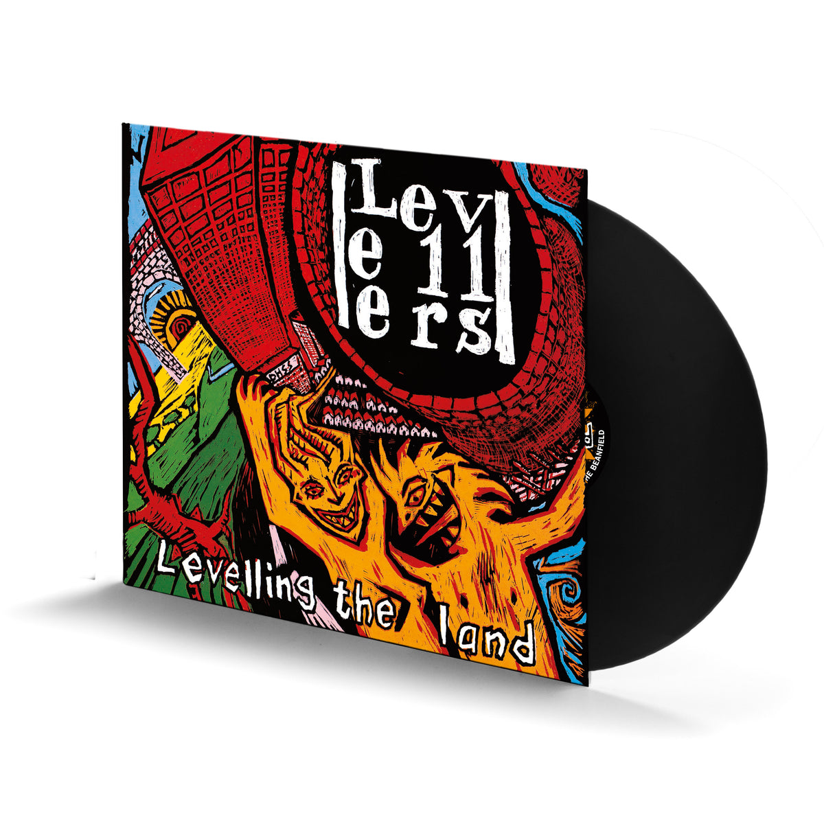Levellers - Levelling The Land (35th Anniversary Edition) Vinyl A vinyl record partially pulled from its sleeve, showing the album cover art for Levellers' 'Levelling the Land'. The sleeve features a vibrant, hand-drawn style illustration in red, yellow, green, and blue, with the band name 'Levellers' in white text inside a red circular shape.