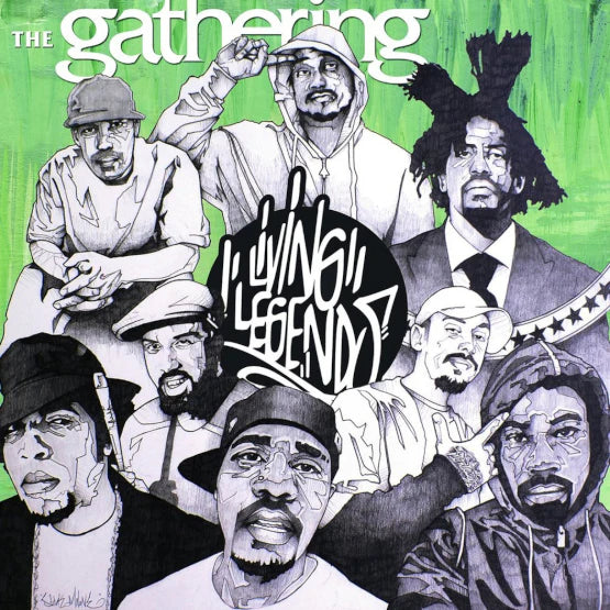 Living Legends - The Gathering (Coke Bottle Green) Vinyl RSD26 Album cover with black and white illustrations of people on a green background, featuring the text 'The Gathering' and 'Living Legends'.