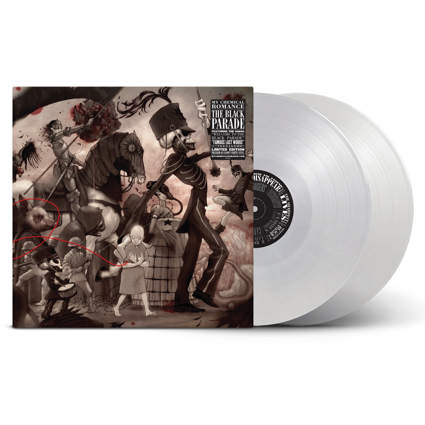 My Chemical Romance - The Black Parade Vinyl record with a detailed cover featuring a skeleton in a top hat and suit, surrounded by other figures and text.