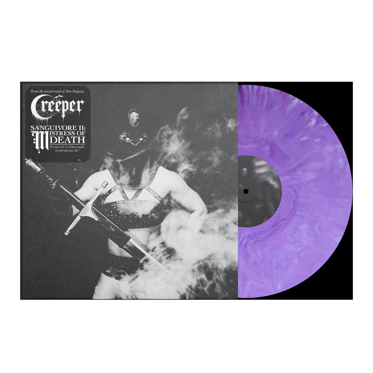 Creeper - Sanguivore II Vinyl record with a black and white illustration of a person holding a sword and a purple swirl design on the cover.