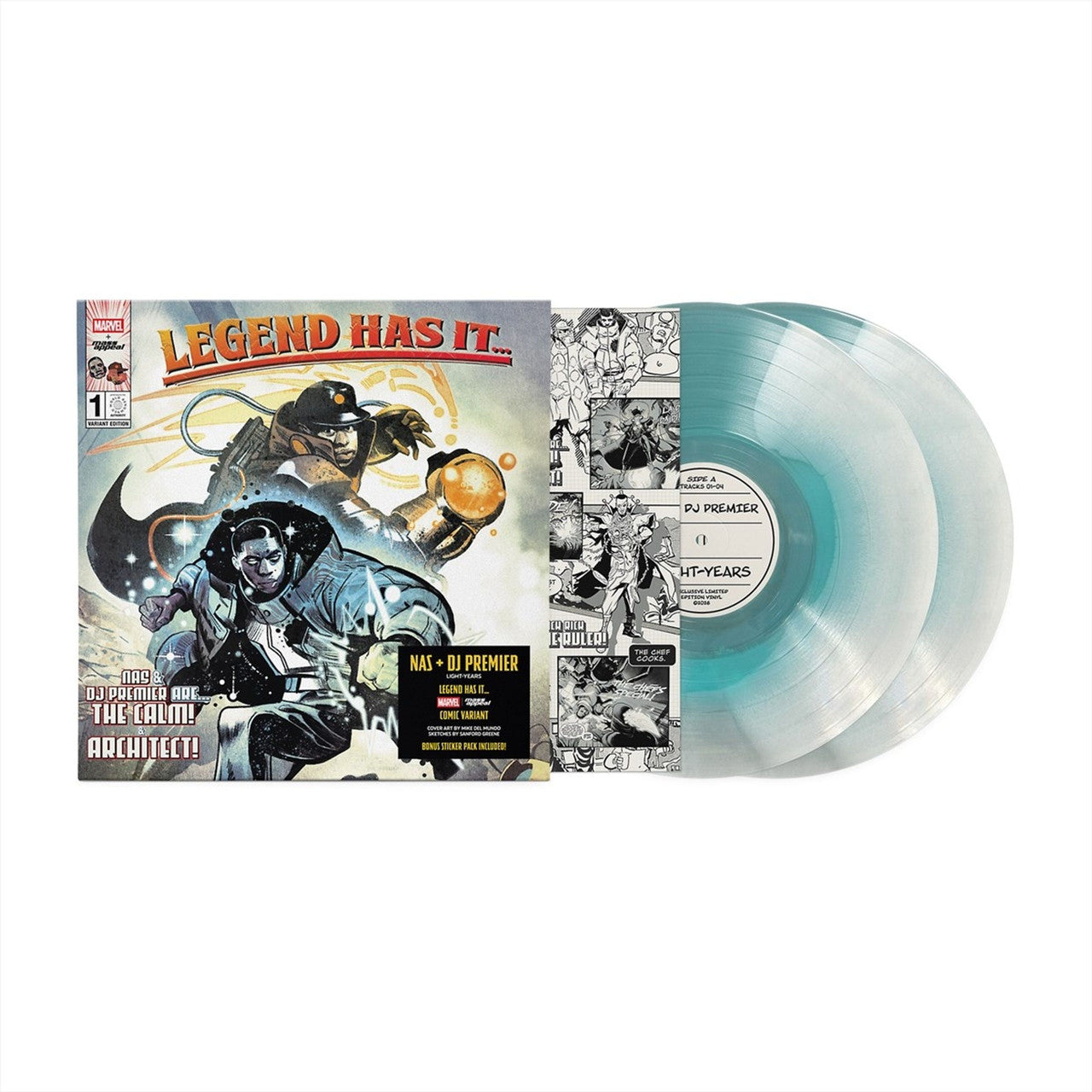 Nas - Light-Years Vinyl record with comic book-style cover and transparent blue disc on a white background
