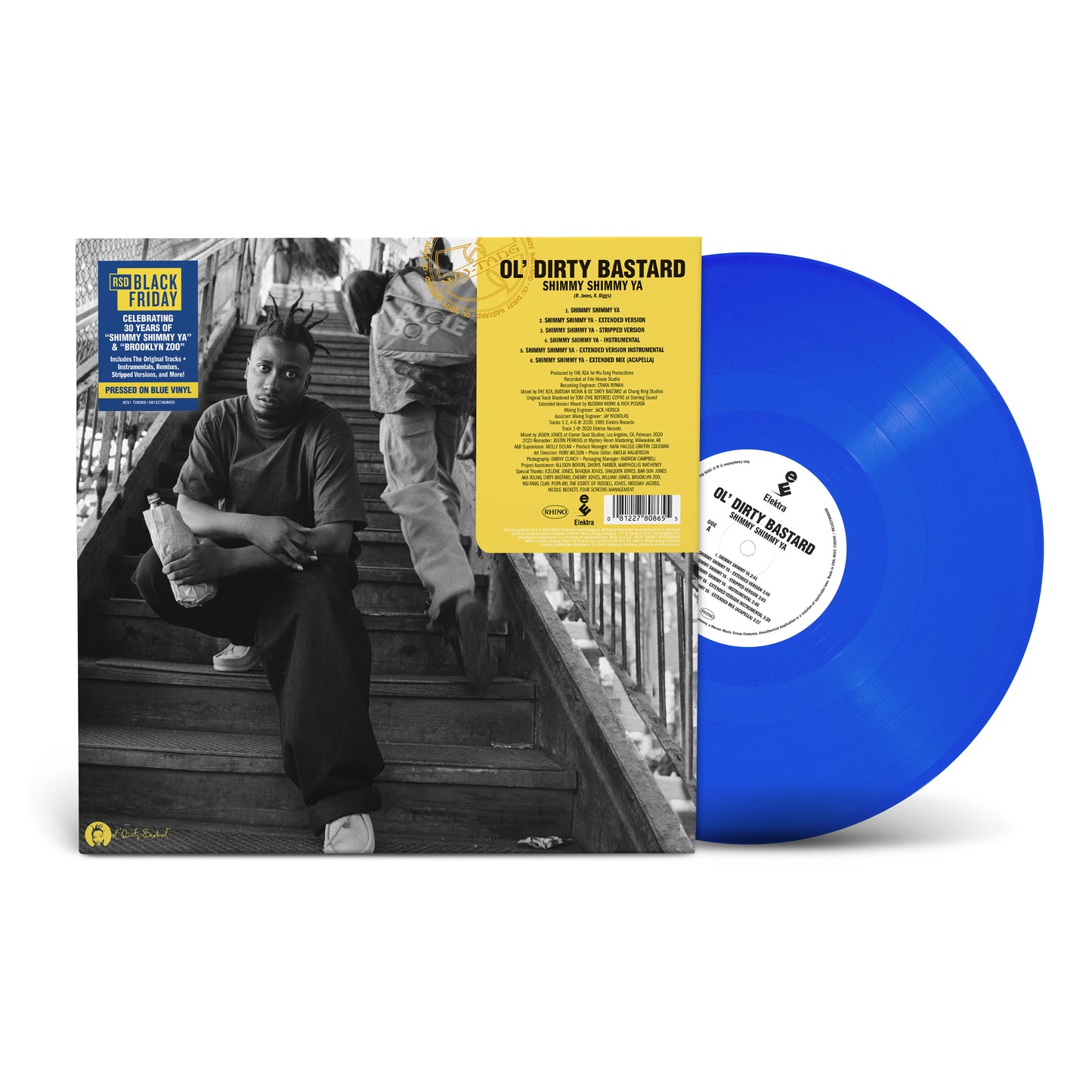 Ol' Dirty Bastard - Shimmy Shimmy Ya Vinyl record with blue disc and cover featuring a person on steps.