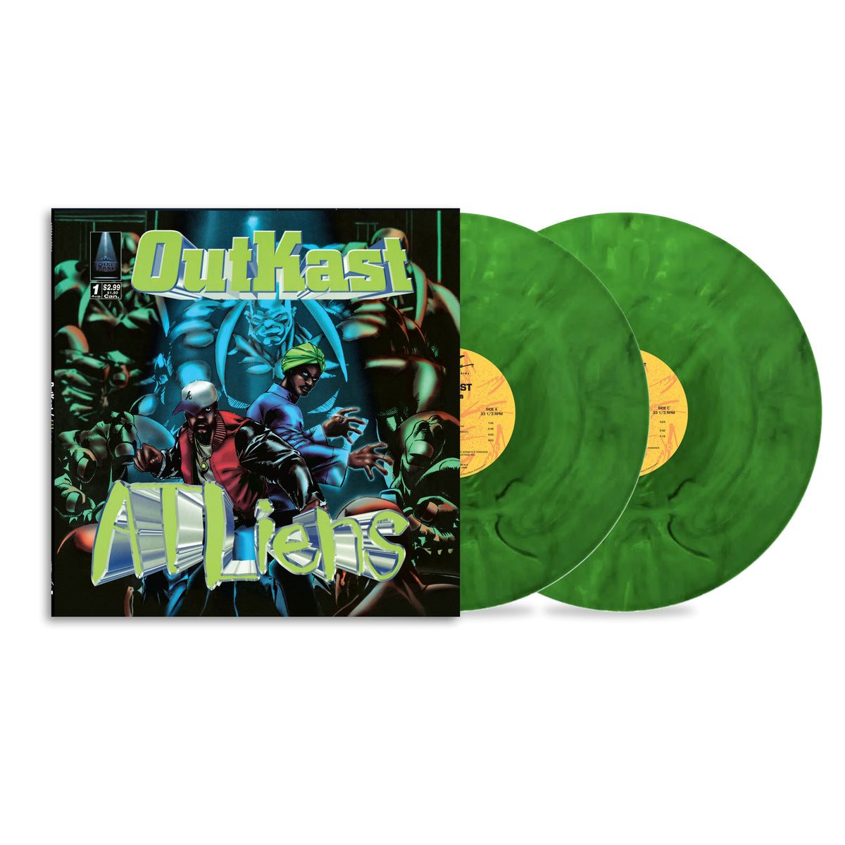 Outkast - ATLiens (Emerald Forest Green) Vinyl OutKast - All Lights vinyl record album with two green marbled records partially covering the illustrated cover, on a white background.