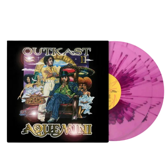 Outkast - Aquamini (Pink Jelly Bloom) Vinyl A vinyl record album shown with its illustrated square cover on a white background. The cover reads 'OUTCAST II' and 'AQUA MINII,' and the record itself is translucent pink with a yellow center label.