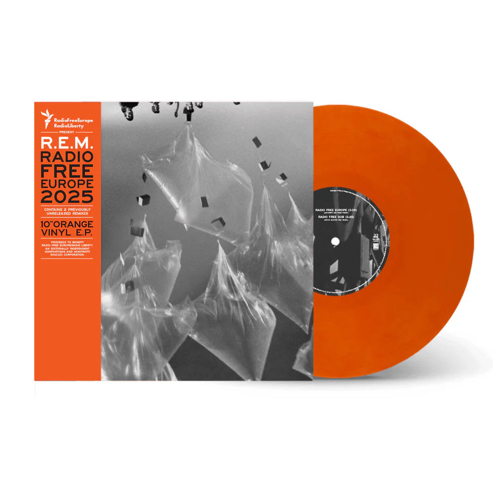 R.E.M. - Radio Free Europe 2025 Orange vinyl record with 'Radio Free Europe 2025' packaging on a white background