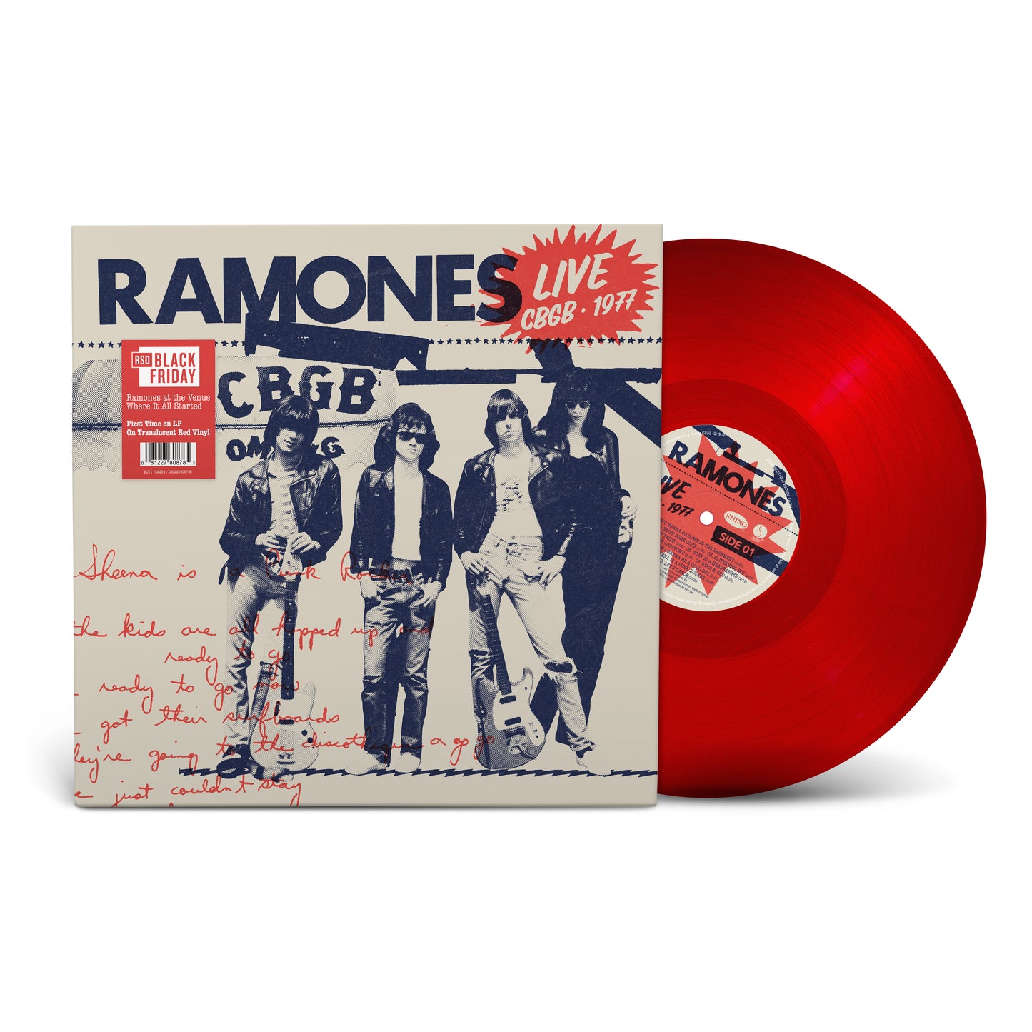 Ramones - Live and CBGB's Red vinyl record with 'Ramones' album cover featuring band members.