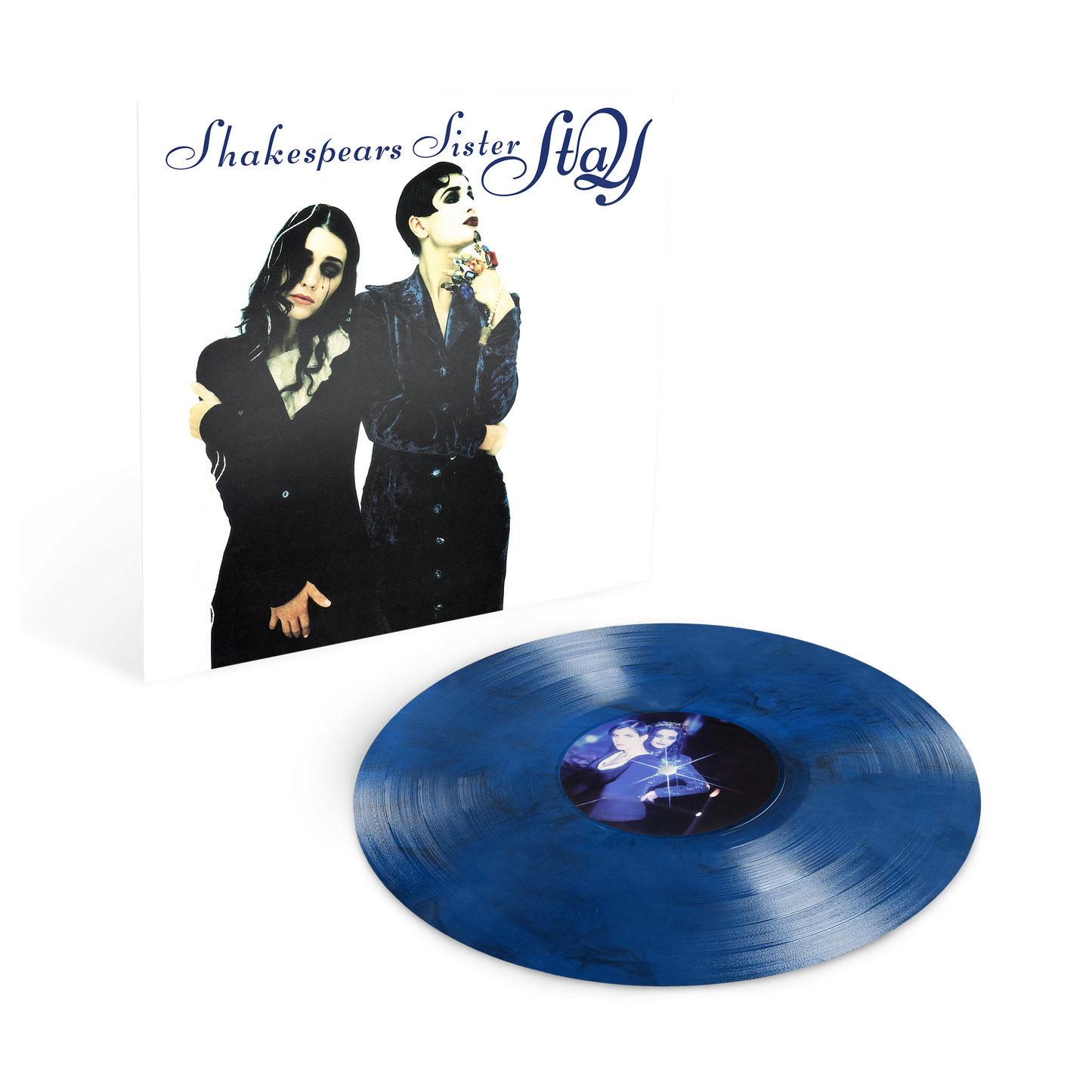 Shakespears Sister - Stay Blue vinyl record with a cover featuring two people and the text 'Shakespeare's Sister Stay' on a white background.