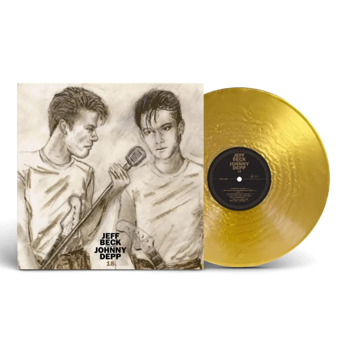 Jeff Beck and Johnny Depp - 18 (Limited Edition Gold Nugget) Vinyl Jeff Beck and Johnny Depp double vinyl LP album set, featuring a gold-colored record partially pulled from its illustrated sleeve cover.