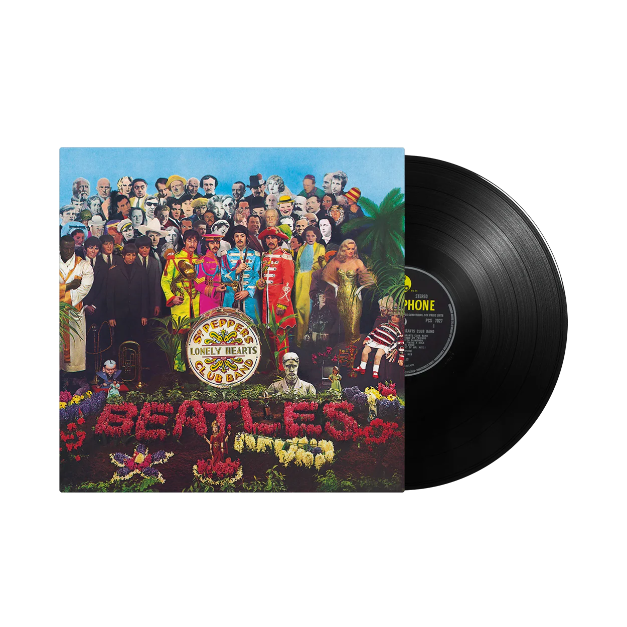 The Beatles - Sgt. Pepper's Lonely Hearts Club Band Vinyl The Beatles 'Abbey Road' vinyl record LP with its illustrated paper sleeve, shown on a plain white background. The black vinyl record is partially pulled from the sleeve, revealing the center label.