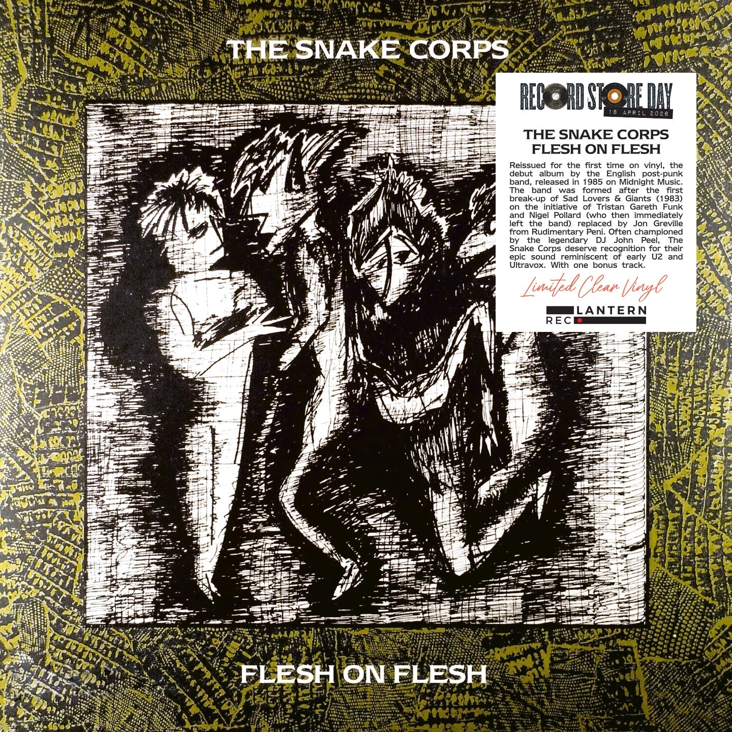 The Snake Corps - Flesh On Flesh (Clear) Vinyl RSD26 Album cover for 'Flesh on Flesh' by The Snake Corps with black and white illustration and text.