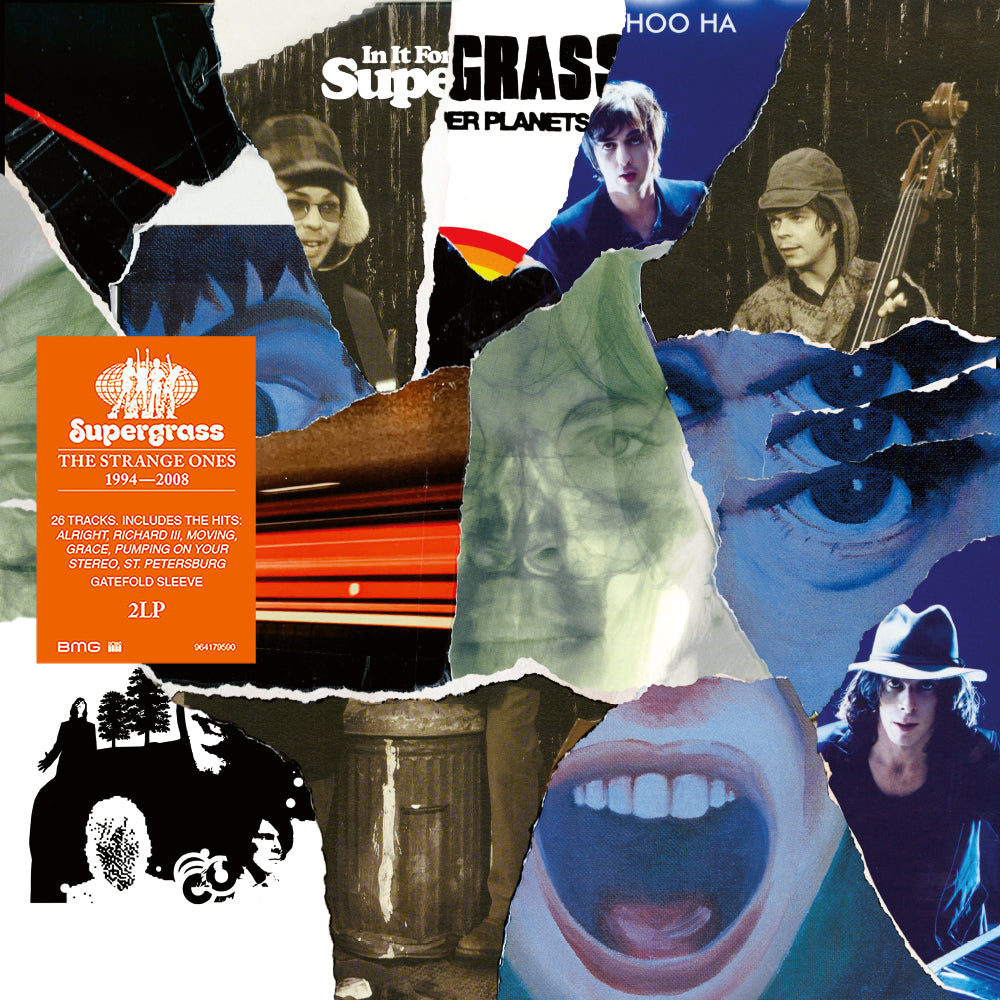 Supergrass - The Strange Ones Collage of Supergrass album cover with band members and album art elements.