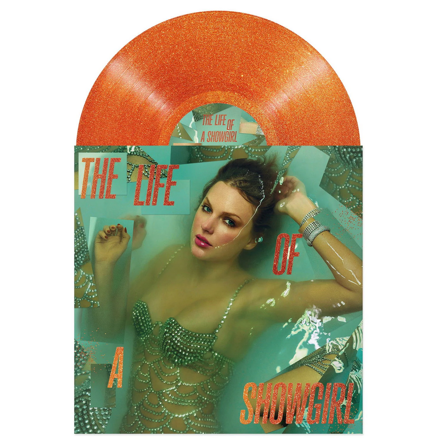 Taylor Swift - The Life Of A Showgirl on orange glitter vinyl with a white background