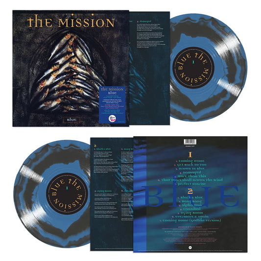 The Mission - Blue Vinyl record set with cover and liner notes for 'The Mission' album 'Blue'.