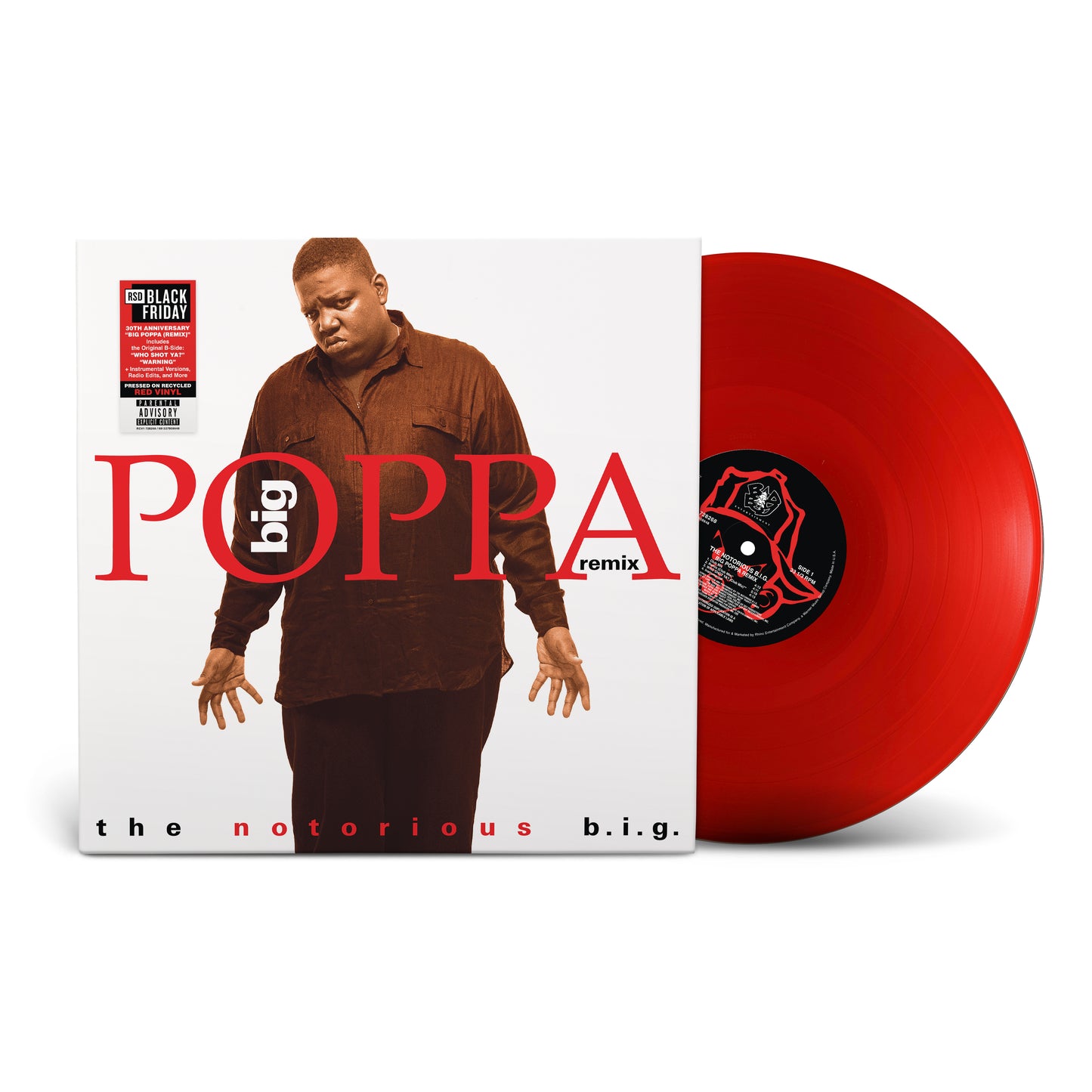 The Notorious BIG - Big Poppa Vinyl record with a red disc and white cover featuring a person, with 'big poppa remix' text.