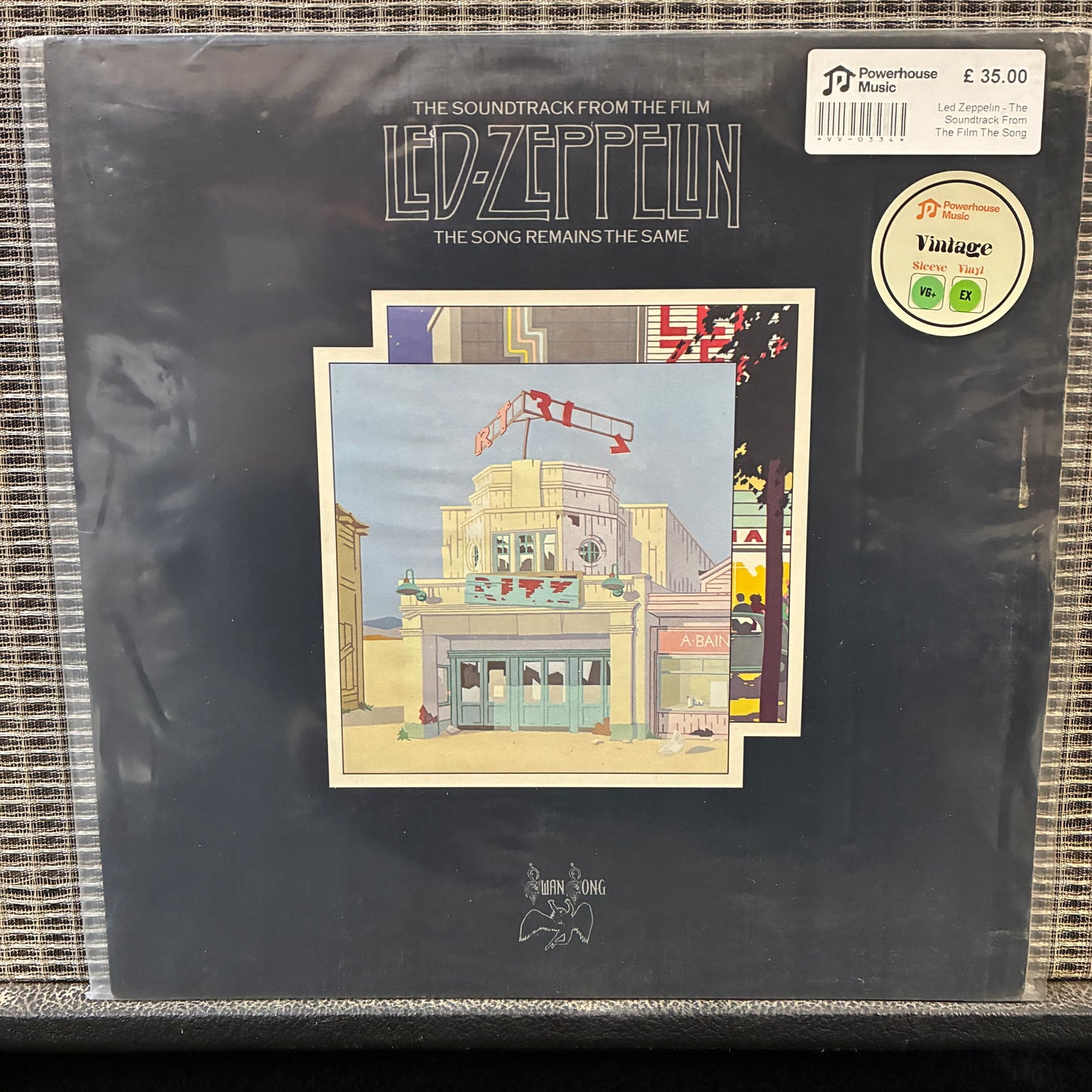 Led Zeppelin - The Soundtrack Vinyl record with artwork and text on the cover, featuring a building illustration.