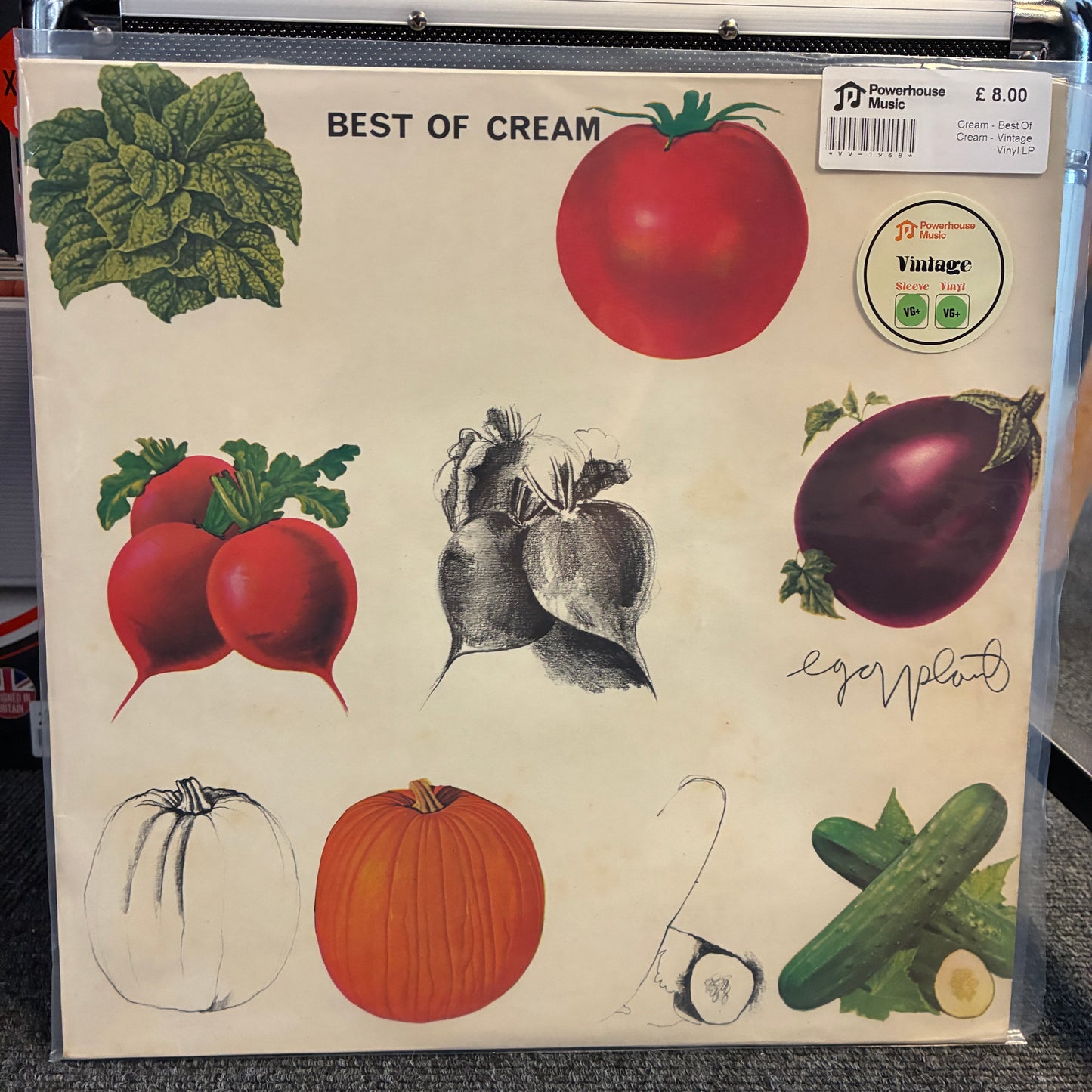 Cream - Best Of Cream Vintage Vinyl LP Vintage 'Best of Cream' vinyl record cover featuring illustrated vegetables on an off-white background, photographed inside a clear plastic sleeve. Visible text includes the title 'BEST OF CREAM', a barcode sticker, and a circular 'Vintage' label.