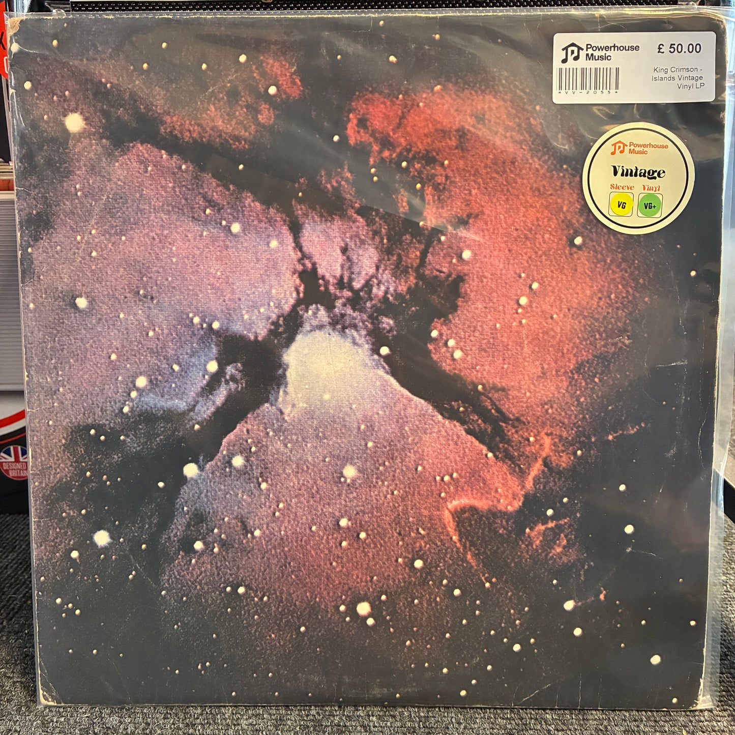King Crimson - Islands Vintage Vinyl LP King Curtis 'Vintage' vinyl record sleeve from Tower House Records, still sealed in its original plastic shrink wrap, with a price sticker in the top right corner.