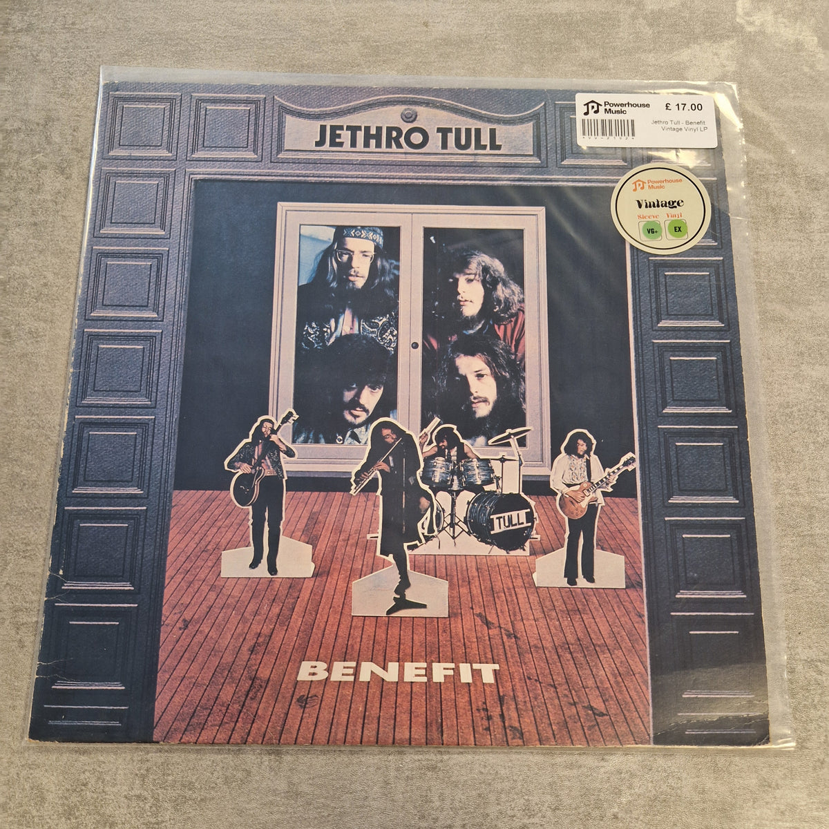 Jethro Tull - Benefit Vintage Vinyl LP Jethro Tull 'Benefit' vinyl record album cover, sealed in plastic with a visible seller sticker and a round Vintage Records label, photographed on a gray textured surface.