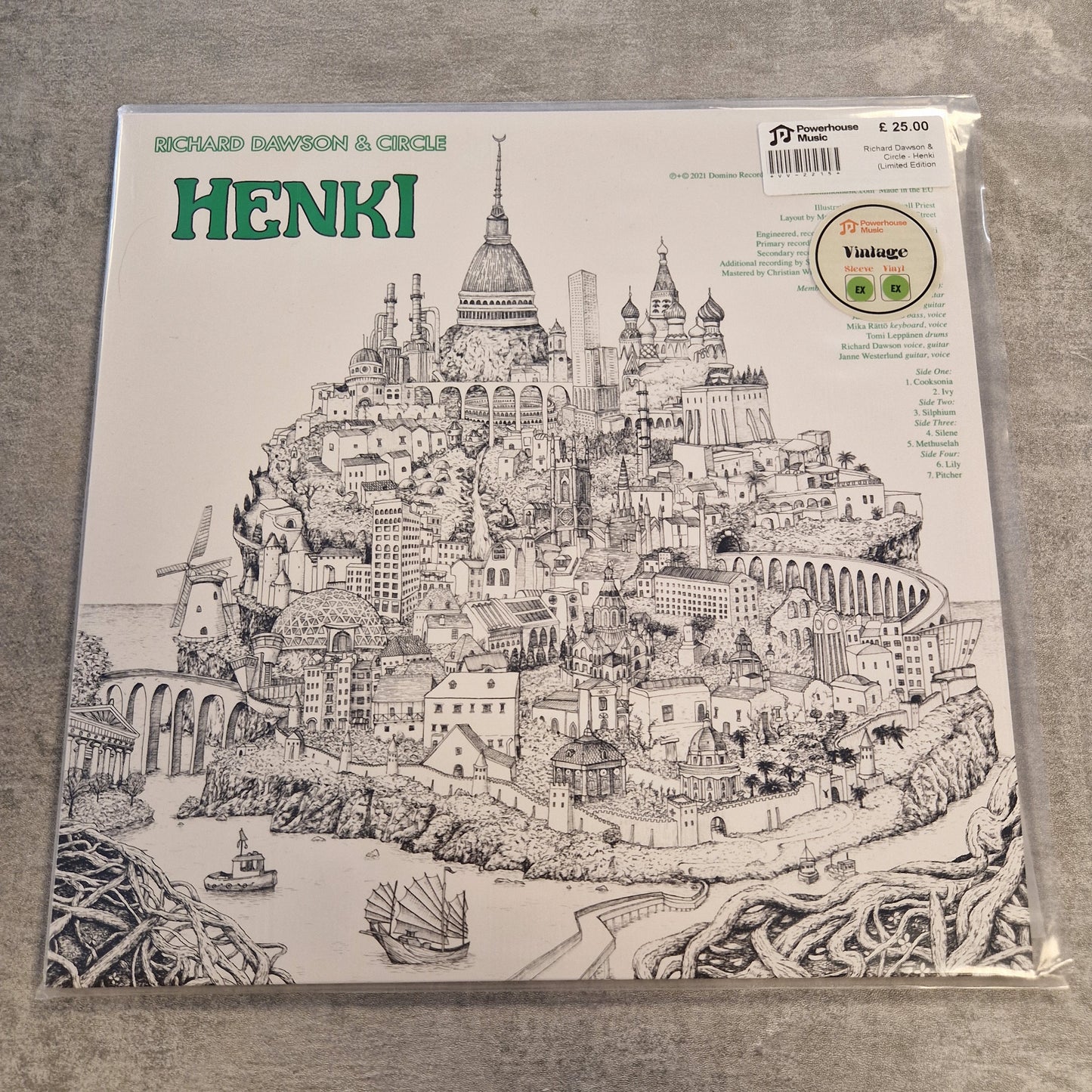 Richard Dawson & Circle - Henki (Limited Edition Light Green) Vintage Vinyl LP Richard Dawson & Circle's Henki 20th Anniversary vinyl record sleeve, sealed in its original plastic shrink-wrap, displayed on a gray textured surface.