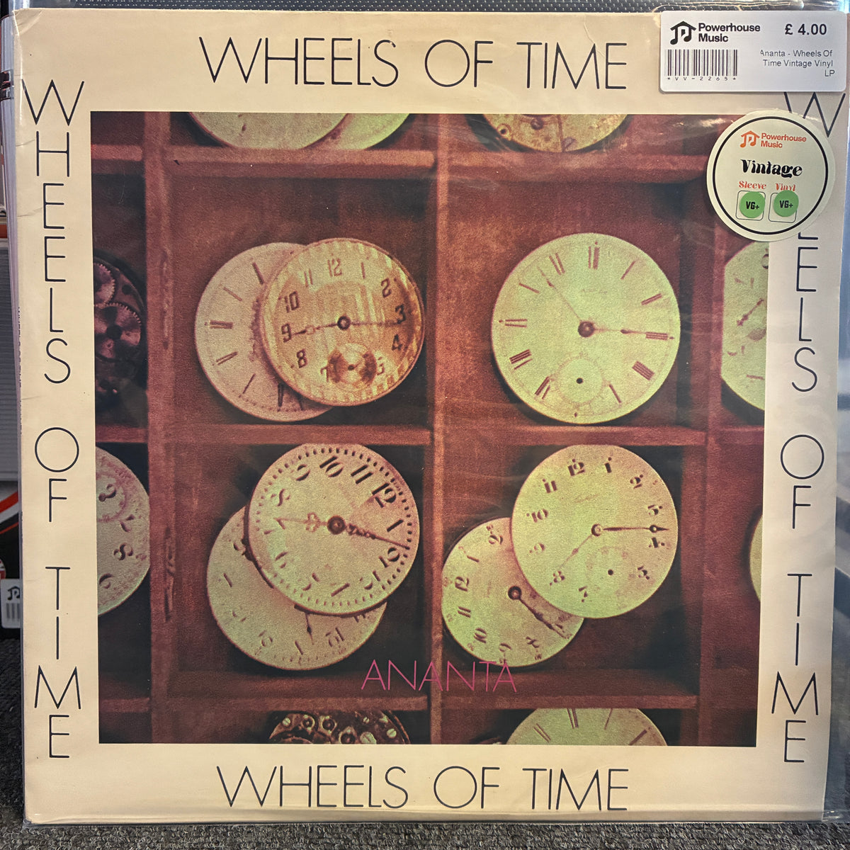 Ananta - Wheels Of Time Vintage Vinyl LP Vinyl record album cover for Anania's 'Wheels of Time', featuring a grid of vintage clock faces. The cover has a cream border with black text and a 'Vinted Vintage Condition' sticker on the top right.