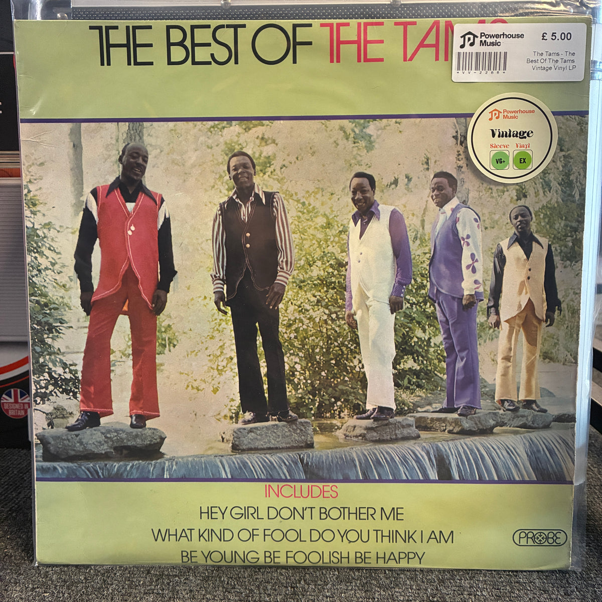 The Tams - The Best Of The Tams Vintage Vinyl LP Vintage 'The Best of The Beatles' vinyl record sleeve on a clear protective case, photographed on a carpeted floor. The cover features the band members standing in front of a waterfall, with a light green border and track titles at the bottom.