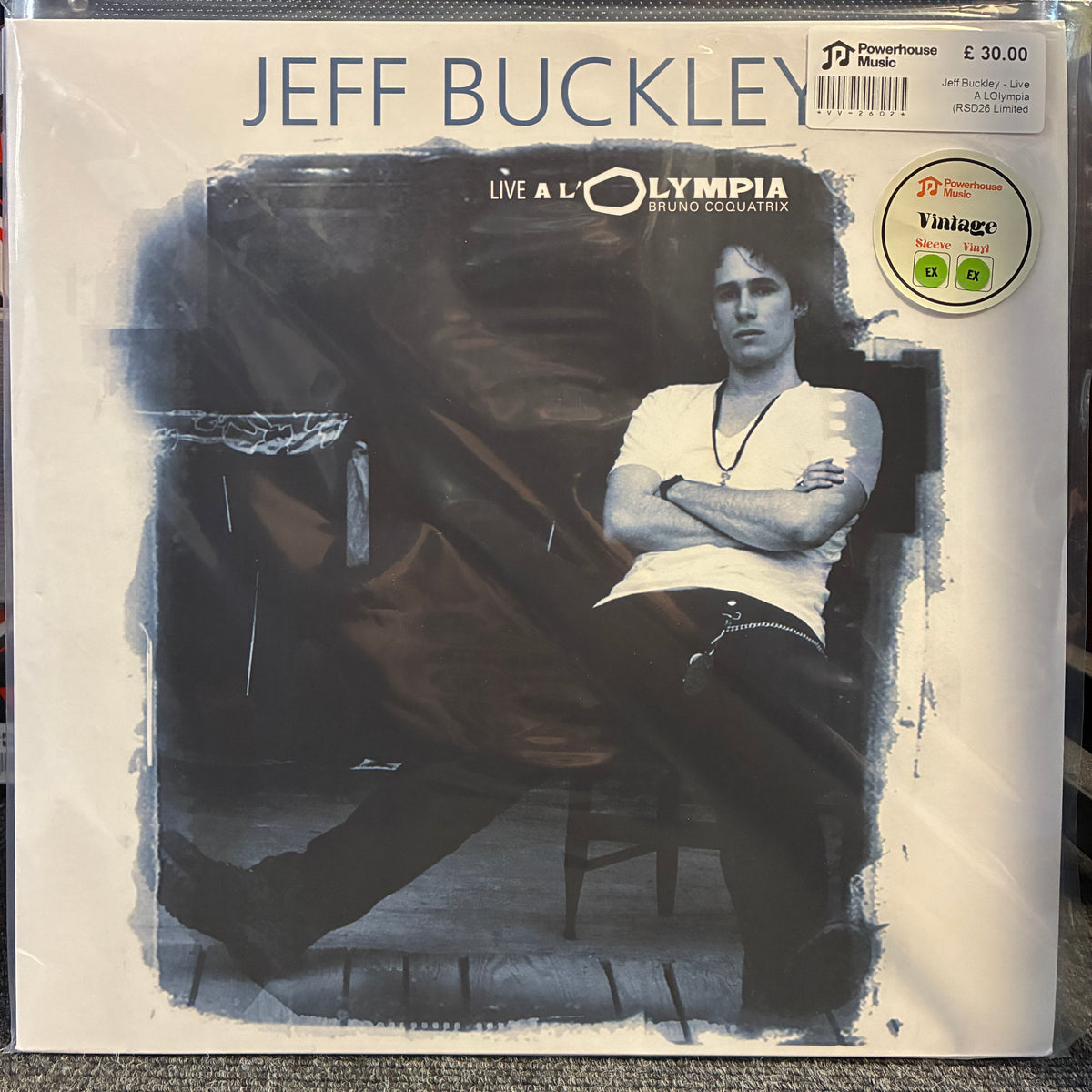 Jeff Buckley - Live A L'Olympia (RSD26 Limited Edition) Vintage Vinyl LP Jeff Buckley 'Live at Olympia' vinyl record cover, sealed in plastic with a barcode sticker and a circular 'Vintage Condition' sticker on the top right.