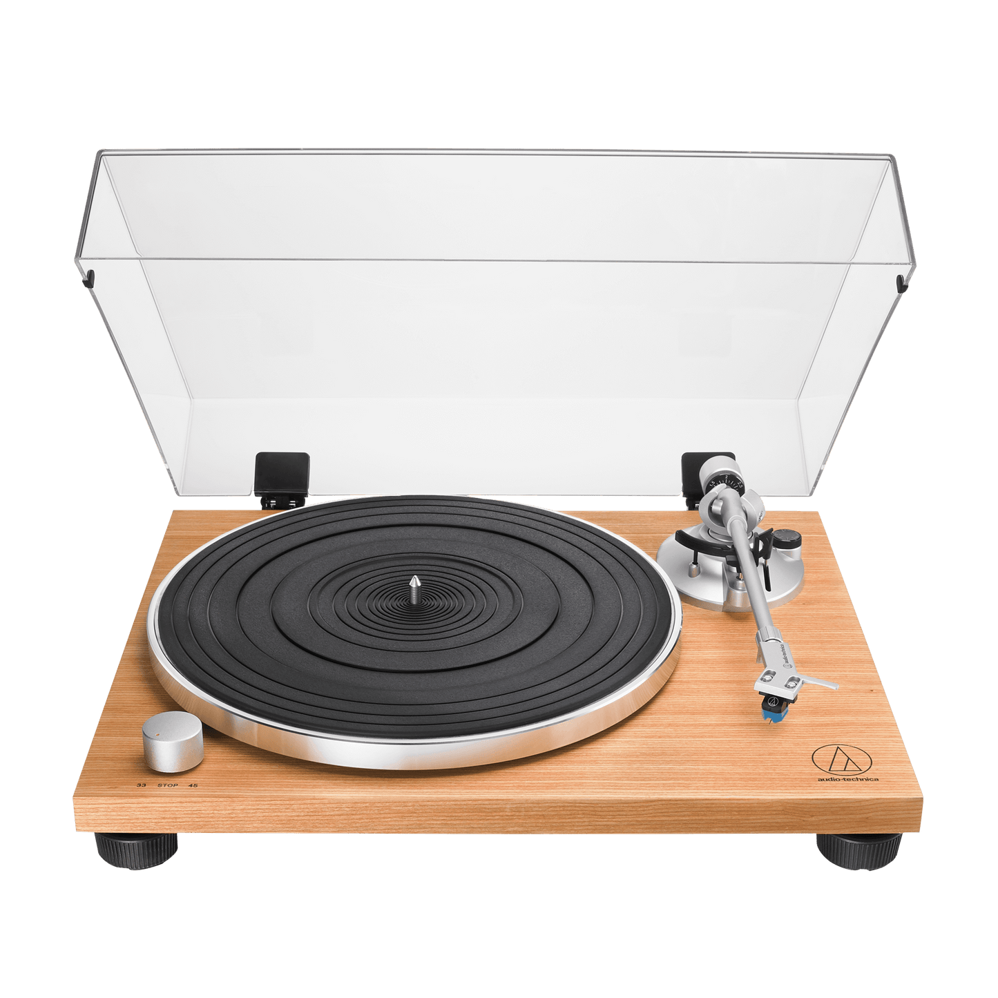 Audio-Technica AT-LPW30TK Turntable with wooden plinth and clear dust cover on a white background