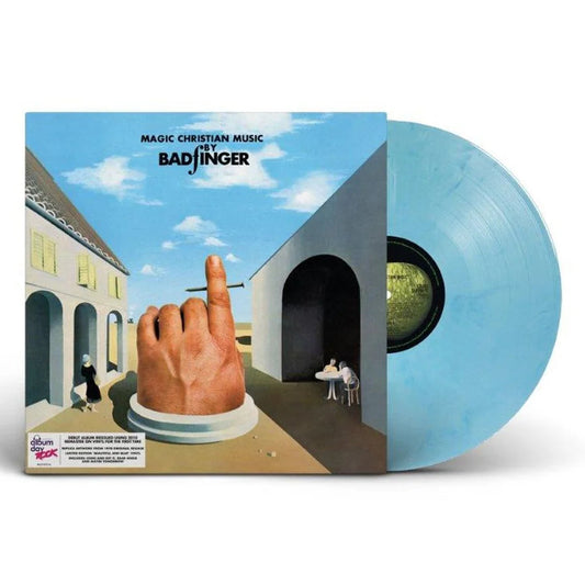 Badfinger - Magic Christian Music Vinyl record with a stylized cover featuring a hand and building, on a white background.