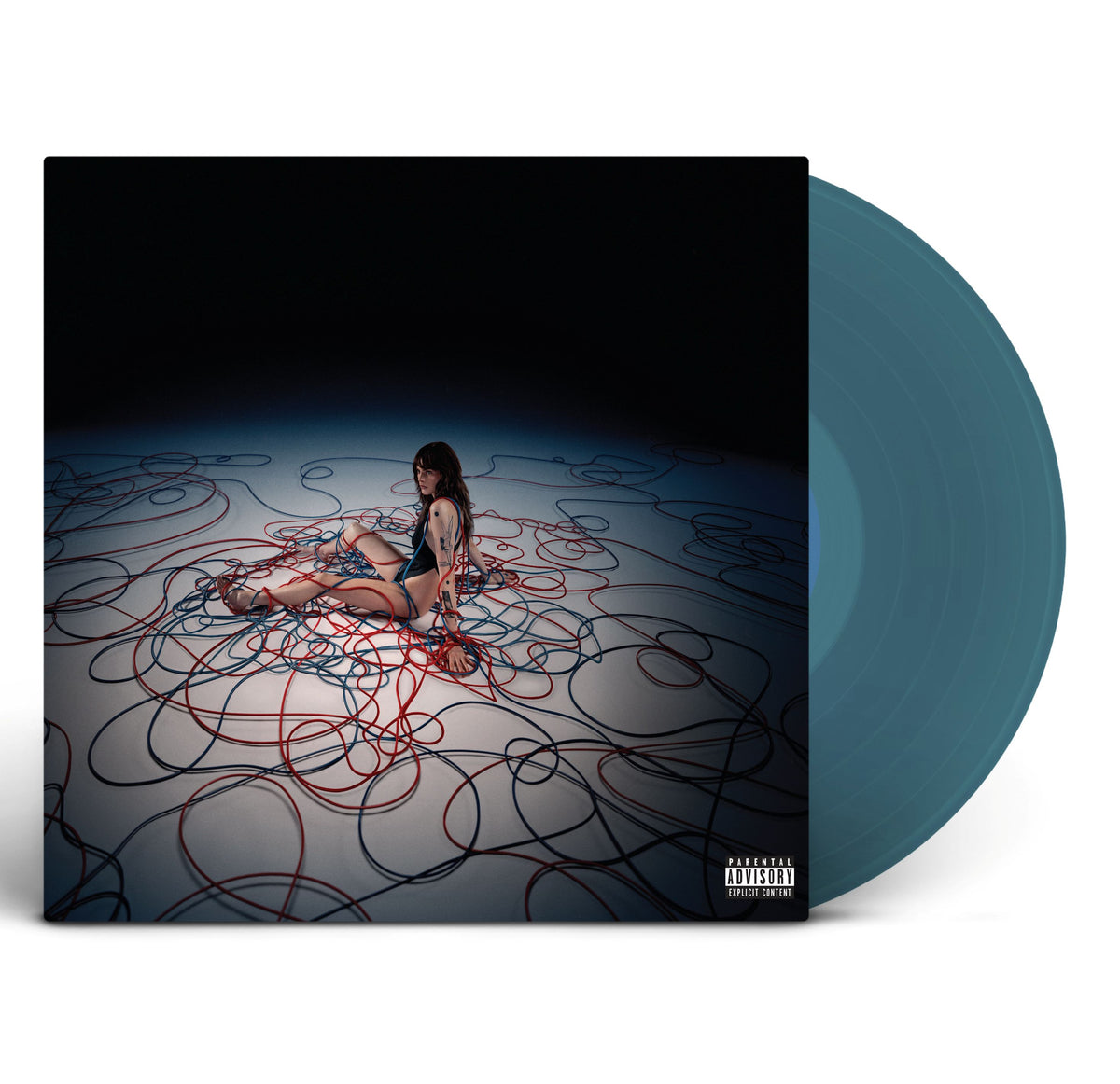 Cara Delevingne - Not Normal (Blue) Vinyl A vinyl record album with a dark cover featuring a seated woman surrounded by tangled red and blue lines, shown next to a translucent blue-green vinyl disc on a white background.
