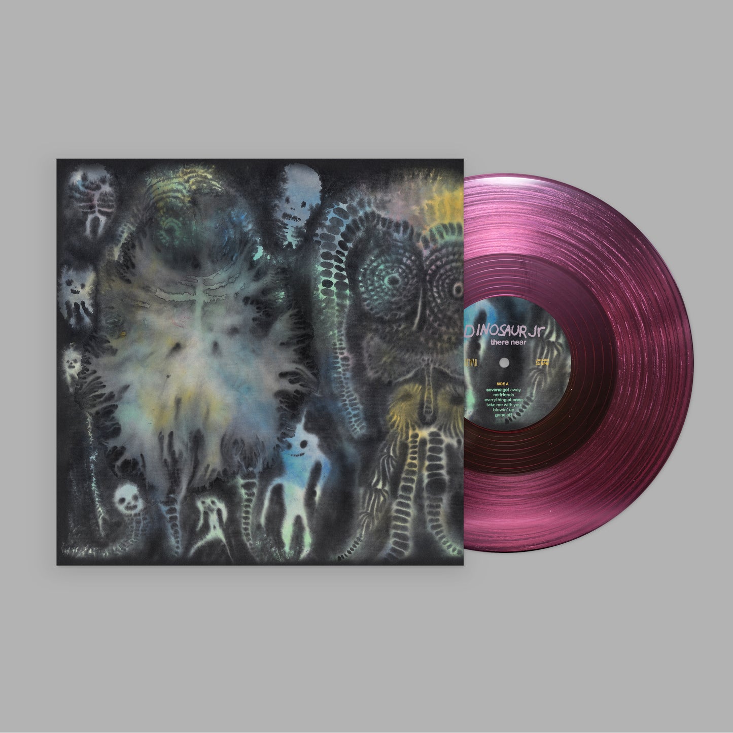 Dinosaur Jr. - There Near (Pink Clear) Vinyl Vinyl record with a colorful cover featuring abstract designs on a gray background