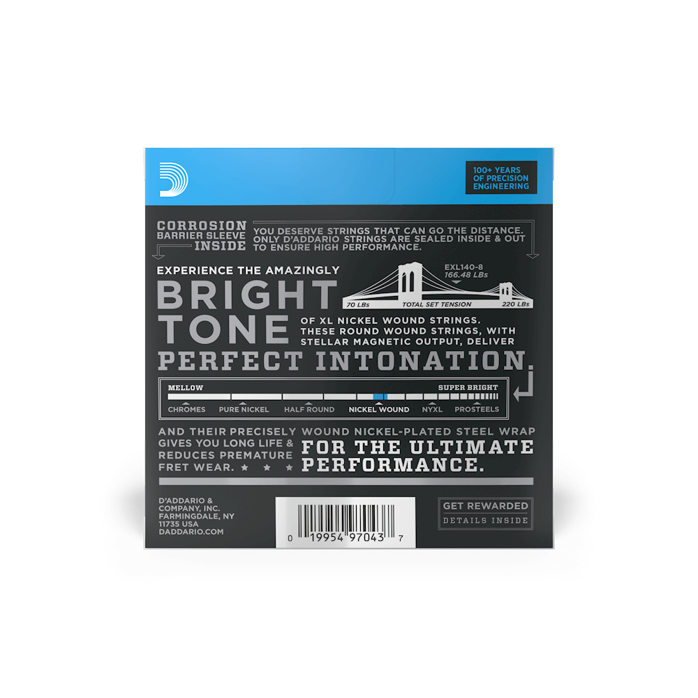 D'Addario EXL140-8 8-String Nickel Wound Electric Guitar Strings - Light Top/Heavy Bottom 10-74