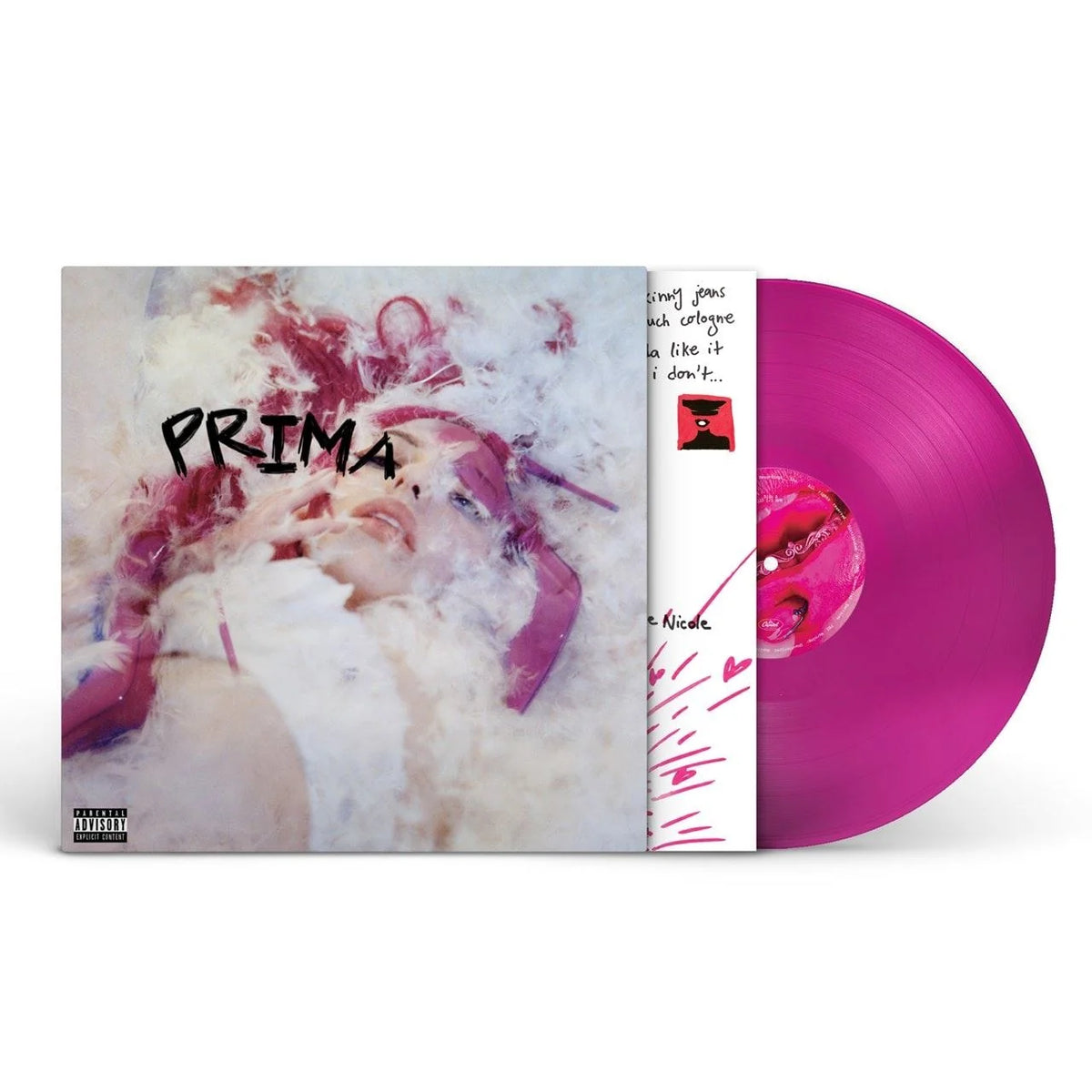 ADELA - PRIMA (Alternative Artwork Berry Red) Vinyl A vinyl record album shown with its sleeve and the record partially pulled from the case. The sleeve features an abstract pink, white, and gray artwork with the word 'PRIMA' in black.