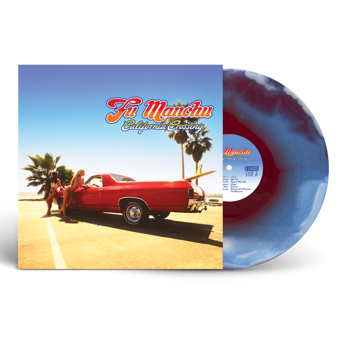 Fu Manchu - California Crossing (25th Anniversary Edition Custom Red, White & Blue 3 Layer) Vinyl A vinyl record album shown with its square cover sleeve and part of the translucent blue-and-red record visible on a light gray background. The cover features the text 'Fi Mantri California Dreamers' above a red car and palm trees.