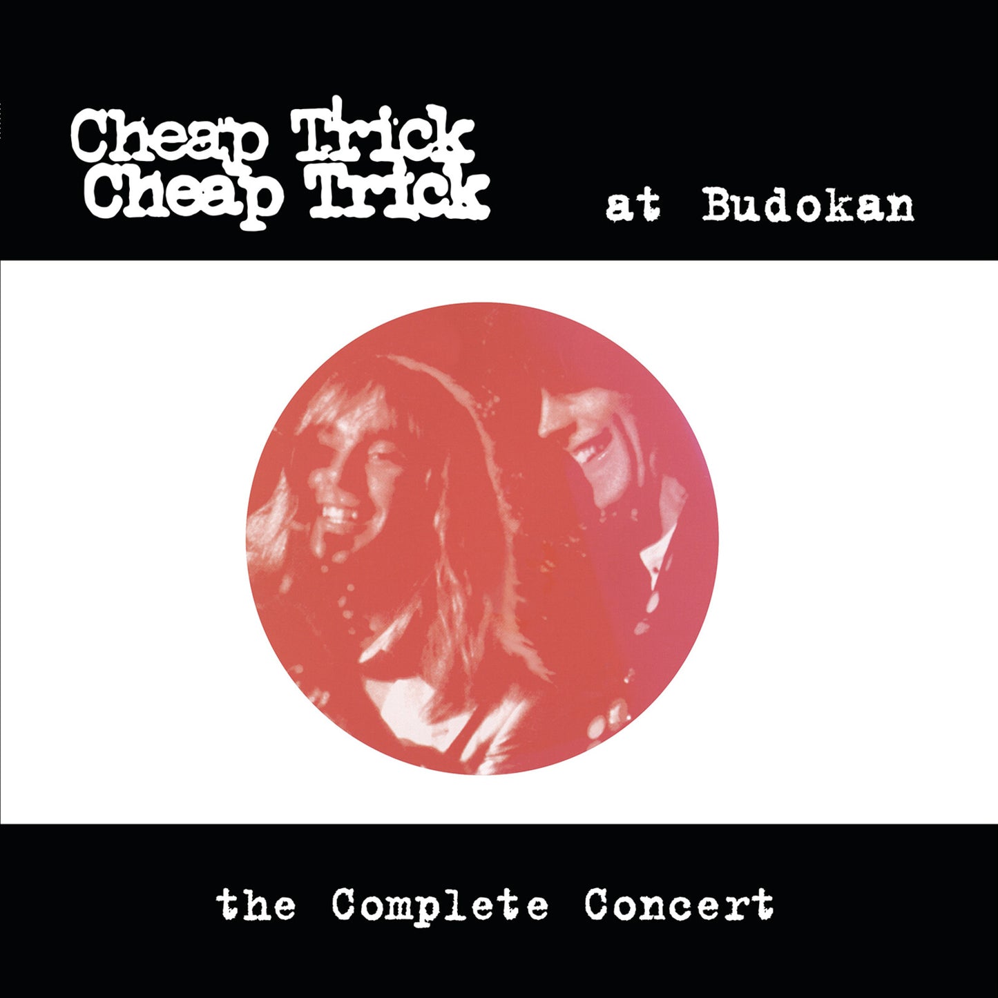 Cheap Trick - At Budokan: The Complete Concert (Translucent Yellow) Vinyl Album cover for Cheap Trick's 'at Budokan: the Complete Concert', featuring the band's name and album title in white text on black bars, with a central red-tinted circular photo of the members on a white background.