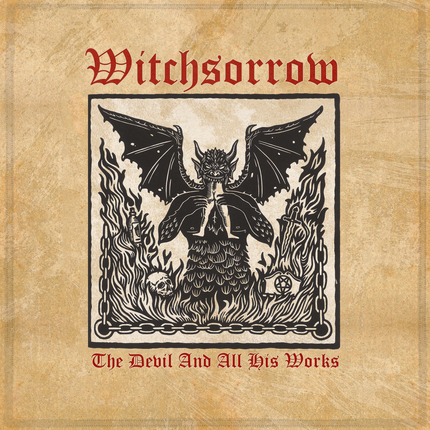 Witchsorrow - The Devil And All His Work Album cover for 'Witchsorrow' with a dragon illustration on a textured beige background.