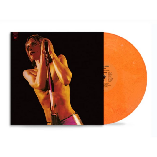 Iggy & The Stooges - Raw Power Vinyl record with an orange disc and black cover featuring a person holding a microphone.