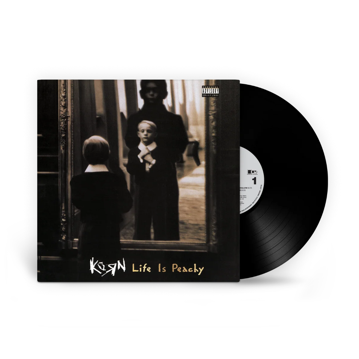Korn - Life Is Peachy (30th Anniversary) Vinyl Korn's 'Life Is Peachy' vinyl record album, showing the black-and-white cover art sleeve with a black vinyl record partially pulled out, on a plain white background.