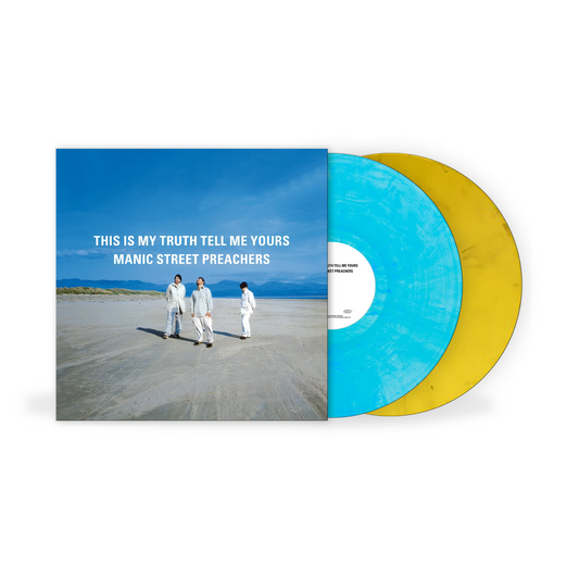 Manic Street Preachers - This Is My Truth Tell Me Yours  Vinyl record with blue and yellow disc and cover featuring 'Manic Street Preachers' on a white background