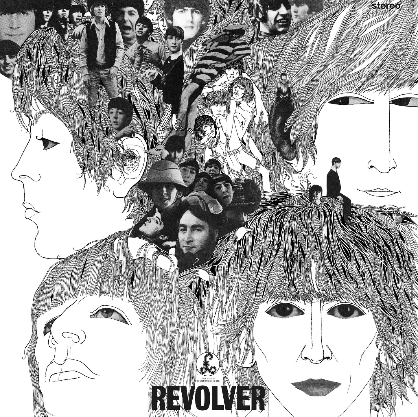 The Beatles - Revolver Vinyl Album cover for 'Revolver' by The Beatles with black and white illustrations of faces and people.