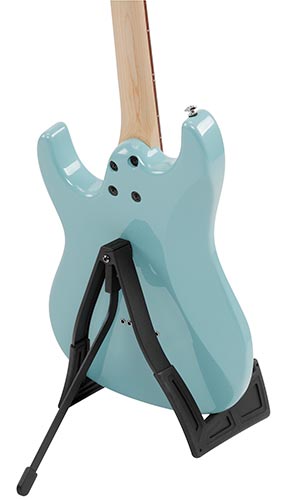 Light blue electric guitar on a black stand against a white background
