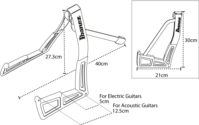 Technical drawing of a guitar stand with dimensions and Ibanez branding
