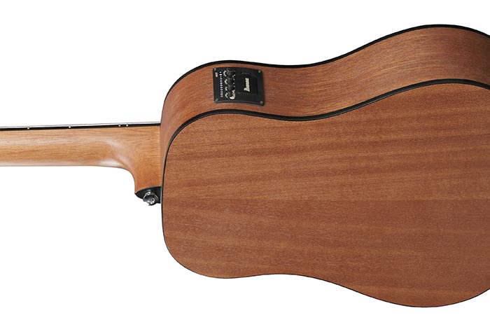 Back view of Ibanez V44MINIE V-Series 3/4 dreadnought electro-acoustic guitar in natural finish.
