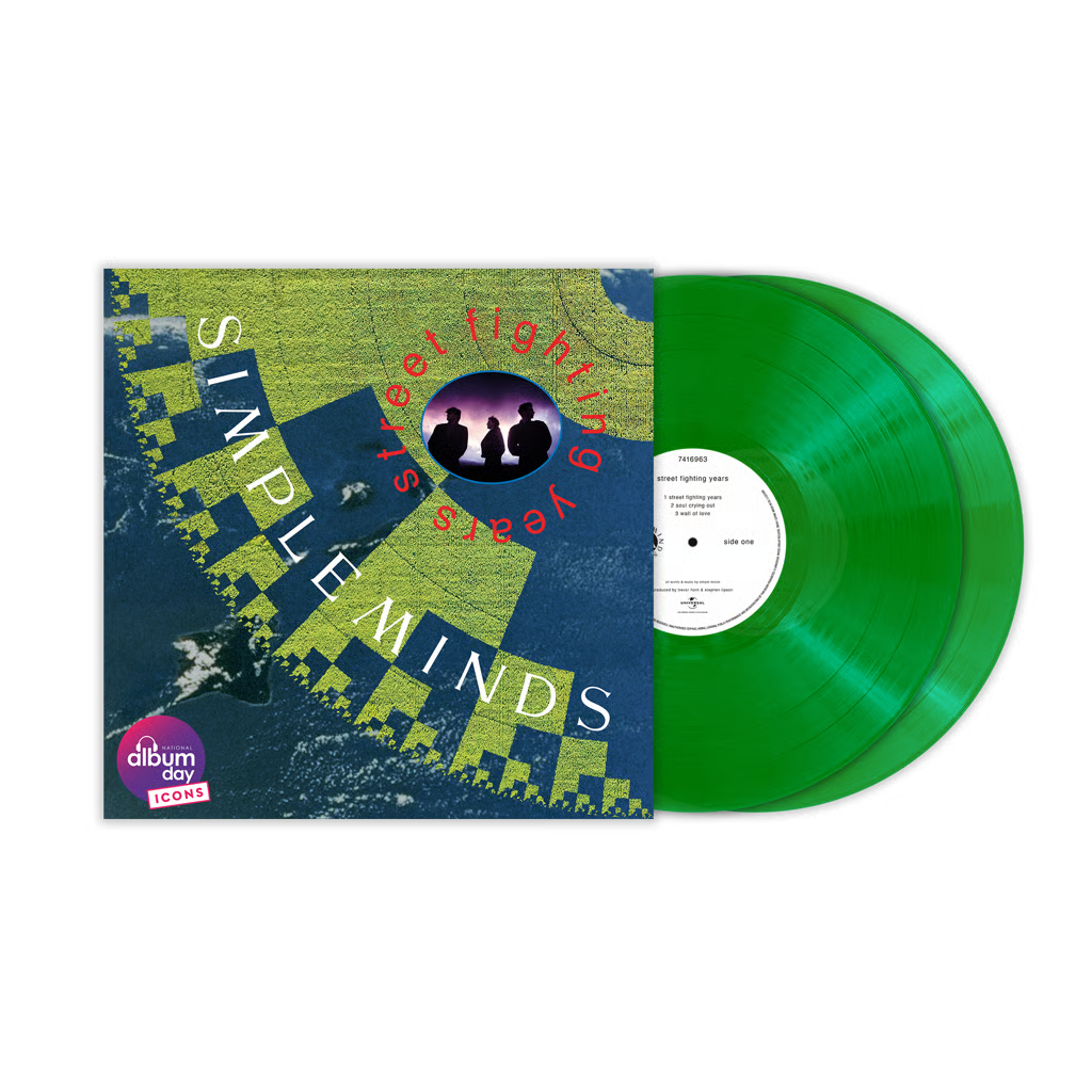 Simple Minds - Street Fighting Years (Green) Vinyl NAD26 A vinyl record album shown with its sleeve on a plain white background. The sleeve features a green and blue abstract map-like graphic with the text 'Simple Minds' and 'Seven Light Years.