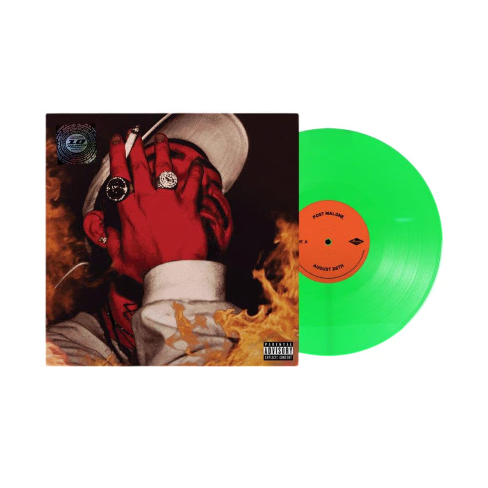 Post Malone - August 26th: The Mixtape (Green) Vinyl A vinyl record album shown with its illustrated cover on the left and a bright translucent green record partially visible on the right. The cover art depicts a person in a white hat with red and orange flame-like artwork, and the center label is orange.