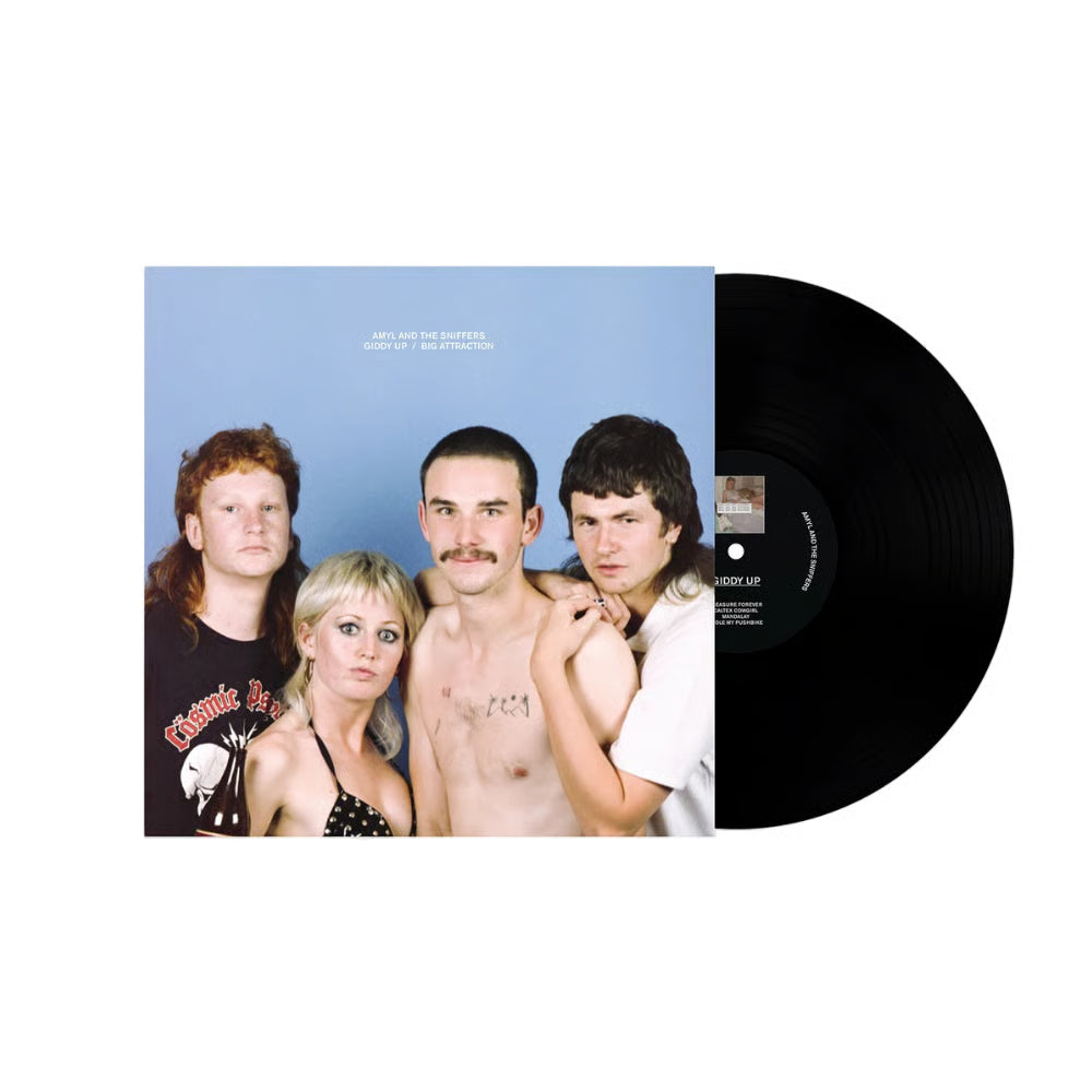 Amyl and The Sniffers - Giddy Up / Big Attraction (10 Year Anniversary) Vinyl
Vinyl record with a cover featuring four people, including a black record on a white background.