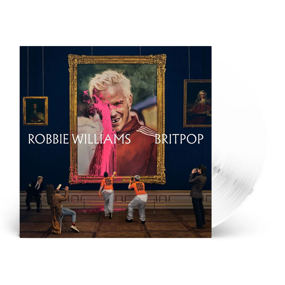 Robbie Williams - BRITPOP (White) Vinyl Album cover for Robbie Williams' 'BRITPOP' with a painting and people around it.