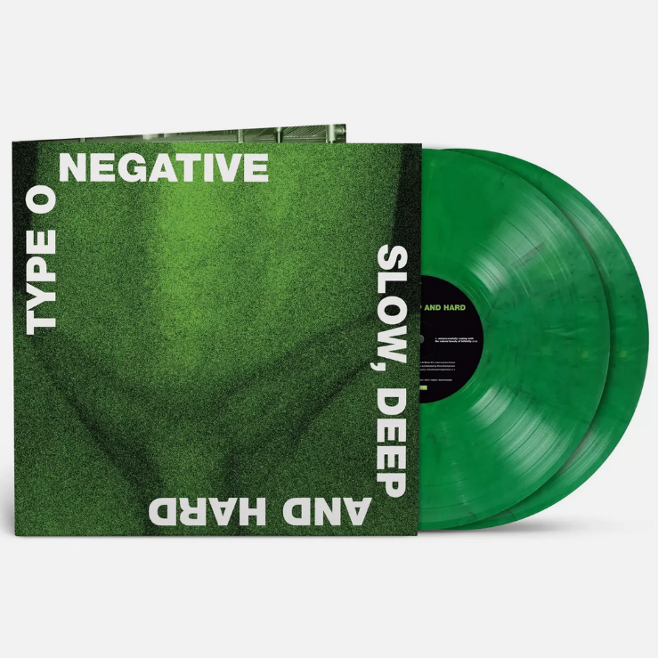 Type O Negative - Slow, Deep And Hard (Limited Edition Green & Black Marble) Vinyl Green vinyl record album with the cover partially pulled from the sleeve, showing a translucent green disc and matching green artwork on a light gray background.