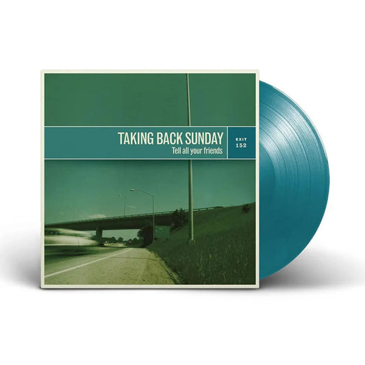 Taking Back Sunday - Tell All Your Friends Vinyl record with green cover featuring a road and bridge scene, labelled 'Taking Back Sunday'.