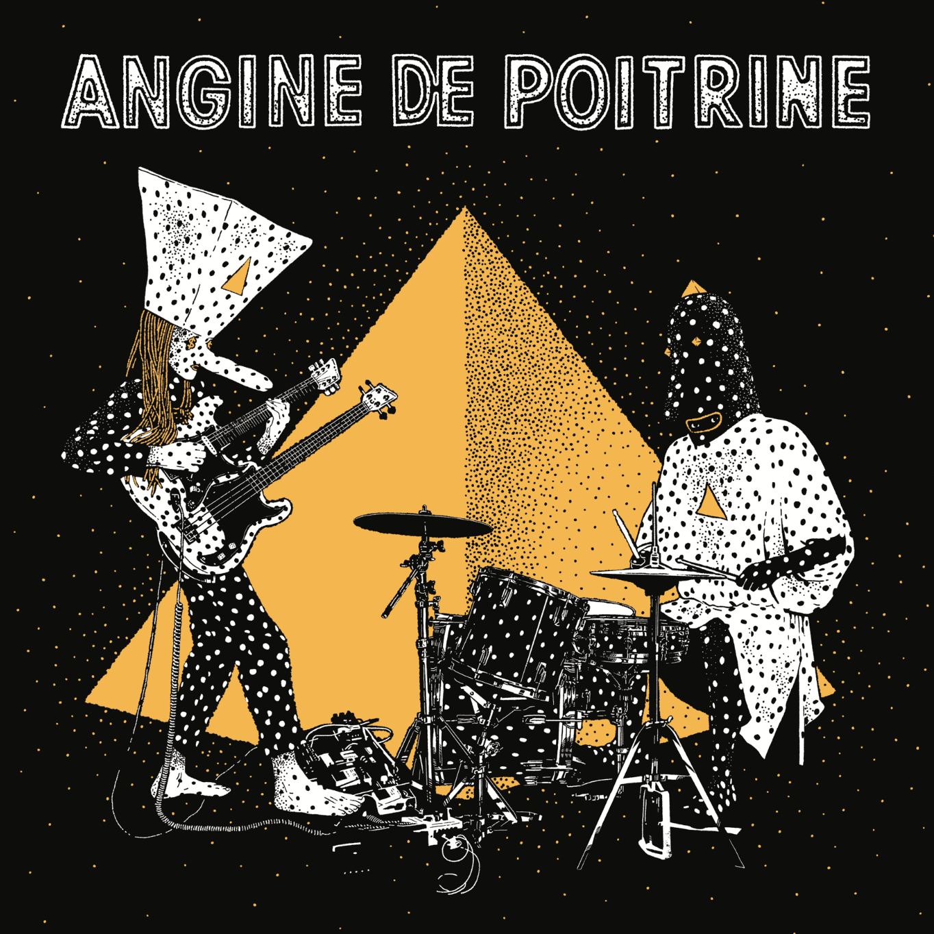 Angine de Poitrine - Vol. II Illustration of two musicians playing guitar and drums with a geometric design in the background, featuring the text 'Angine de Poitrine'.